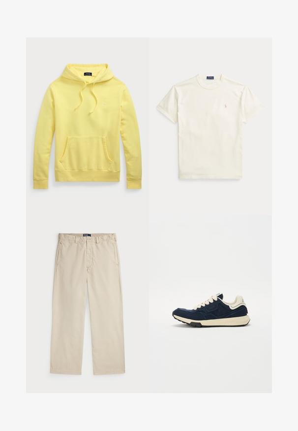 Moleton amarelo em algodão com um bolso canguru frontal, capuz com cordão e um pequeno logótipo bordado no peito. Textura suave, design casual.; T-shirt de algodão cor creme com mangas curtas. Apresenta um logótipo bordado subtil no lado esquerdo do peito e uma gola redonda.; Chinos de algodão bege com um design de perna reta, apresentando um fecho de botão e dois bolsos frontais. Textura suave e cor uniforme.; Tênis azul-marinho com upper de camurça texturizada, atacadores creme e meio-sola bege. Apresenta um design atlético clássico e sola de borracha.