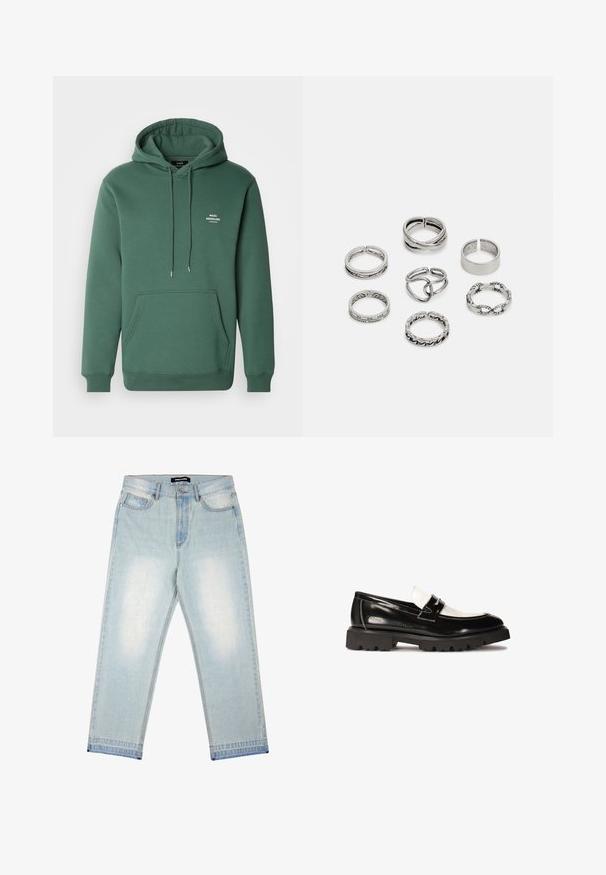 Green hoodie made of soft material, featuring a front pocket, drawstrings, and a small white logo on the chest. Classic cut and ribbed cuffs.; Pegador BARROW - Loose Jeans - sand washed blue; Black patent leather loafers with a white leather accent, thick black rubber tread sole, and stitched detailing. Smooth texture with a shiny finish.; Set of seven silver rings featuring various designs, including twisted, linked, and engraved patterns. Different shapes and widths.
