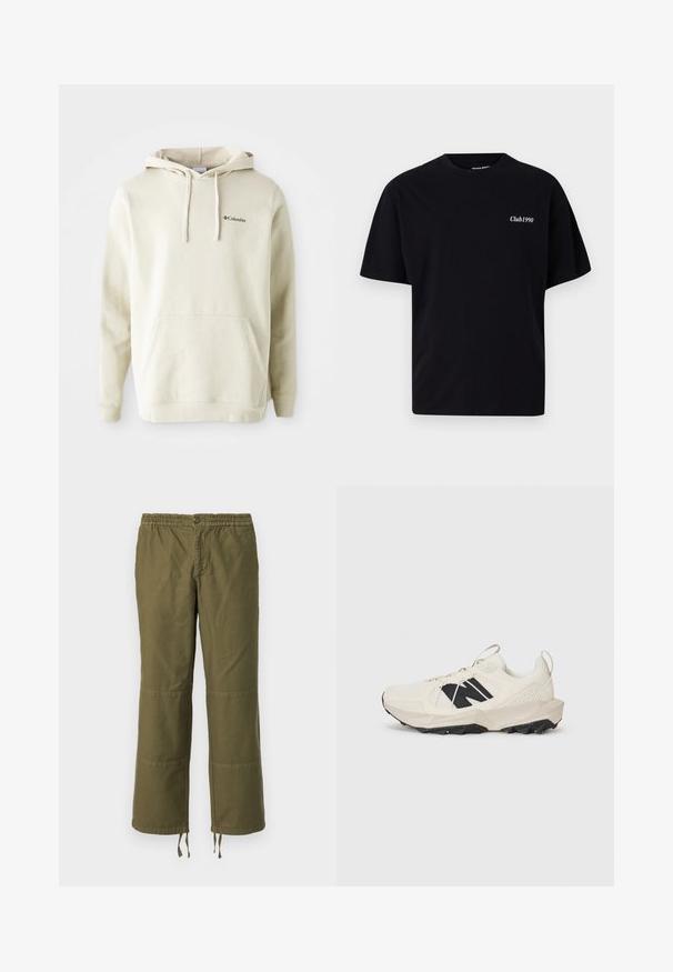 Kremkrāsas kapucis, izgatavots no mīksta auduma, ar priekšējo kengura kabatu, šnīcara kapuci un nelielu izšūtu logo uz krūtīm.; Melna kokvilnas t krekls ar apaļu kakla izgriezumu un īsām piedurknēm. Kreklam ir balta uzraksts "Club1990" kreisajā krūtīs. Vienkāršs, bez rotājumiem dizains.; Olive zaļā krāsā, platu kāju bikses no kokvilnas ar elastīgu jostasvīru, pogu aizdari un kontrastējošām plākšņu detaļām uz ceļgaliem.; Gaiši bežs sneaker ar tīkla augšdaļu, melnu logotipu un teksturētu zoli. Akcentēts ar ģeometrisku rakstu uz vidus zoles.