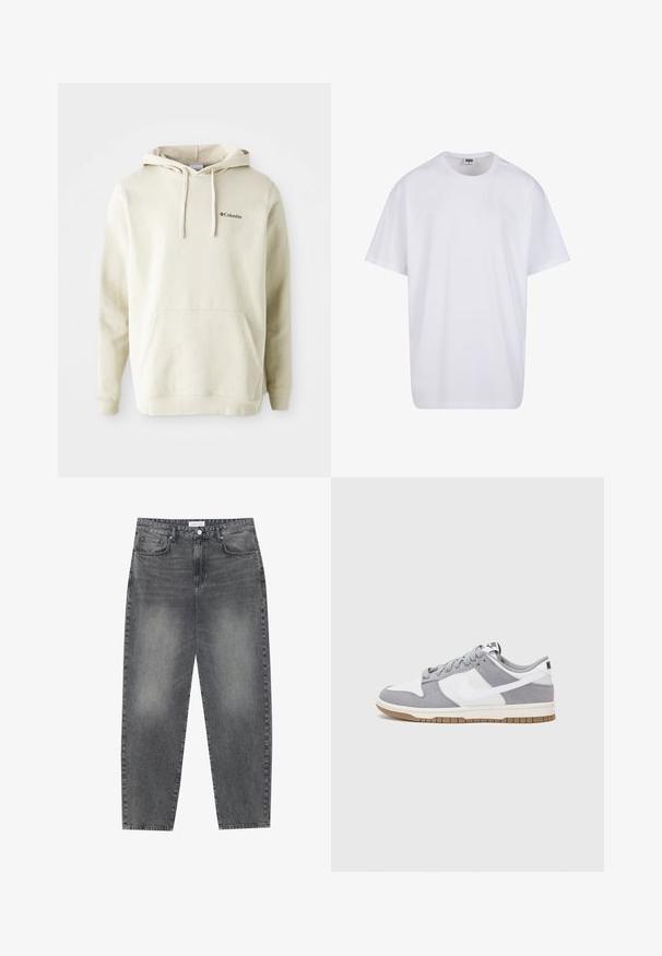 Felpa color crema realizzata in tessuto morbido, con tasca a marsupio frontale, cappuccio con lacci e piccolo logo ricamato sul petto.; Maglietta bianca in cotone con maniche corte, scollatura rotonda, vestibilità comoda e senza loghi o motivi visibili. Texture liscia e design minimale.; Jeans a vita alta, dal taglio ampio in denim nero sbiadito. Presentano cinque tasche, passanti per cintura e un design dritto e pulito.; Sneaker grigia e bianca con tomaia in suede e pelle, punta arrotondata, lacci piatti e soletta in gomma con un accento color caramello.