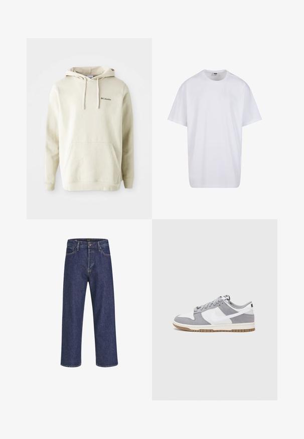 Krémová mikina s kapucňou vyrobená z mäkkej tkaniny, s predným klokanie kapsou, šnúrkou na kapucni a malou vyšívanou nášivkou na hrudi.; Biela bavlnená tričko s krátkymi rukávmi, okrúhlym výstrihom, uvoľneným strihom a žiadnymi viditeľnými logami alebo vzormi. Hladká textúra a minimálny dizajn.; Tmavomodré džínsy s rovnom strihom, dizajnom s piatimi vreckami, kovovým zapínaním a kontrastným prešívaním, ktoré majú jemnú štruktúru.; Sivé a biele tenisky s vrchom z semišu a kože, zaoblenou špičkou, plochými šnúrkami a gumovou podrážkou s akcentom vo farbe gumy.