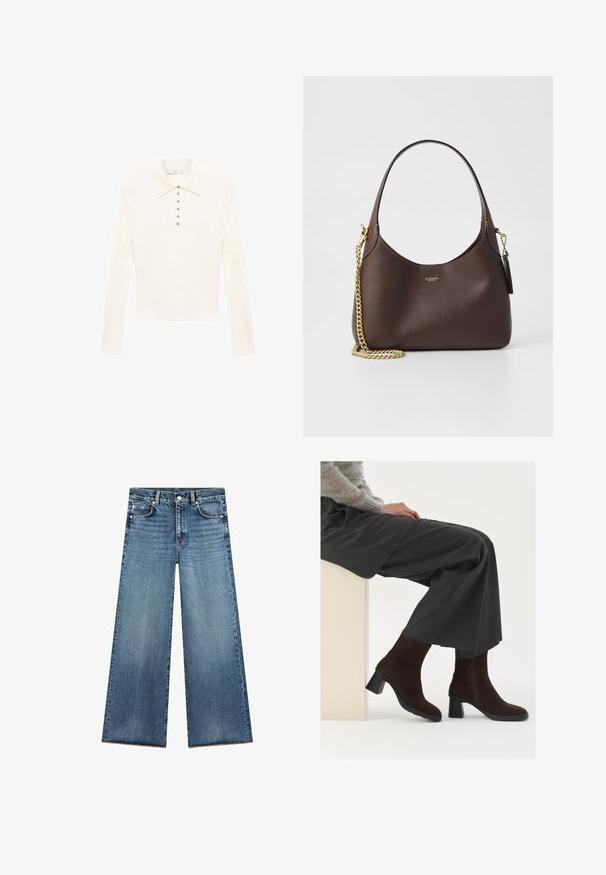 Polo a maniche lunghe di colore crema realizzato in tessuto morbido, con colletto classico e sette piccoli bottoni argentati lungo la parte anteriore.; Jeans a gamba larga di colore blu chiaro realizzati in denim con vita alta, dotati di cinque tasche, cuciture a contrasto e orlo sfilacciato alla base.; Stivaletti alla caviglia in suede marrone con tacco a blocco e zip laterale, abbinati a pantaloni grigi larghi, poggiati su un piedistallo chiaro.; COACH BROOKLYN SHOULDER BAG 23 - Borsa a mano - maple