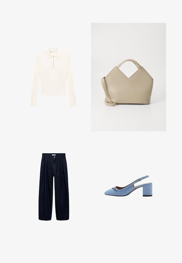 Polo a maniche lunghe di colore crema realizzato in tessuto morbido, con colletto classico e sette piccoli bottoni argentati lungo la parte anteriore.; Pantaloni wide-leg in denim scuro con pieghe in vita, dotati di un bottone frontale e passanti per cintura. Texture liscia e design a lunghezza completa.; Mango Decolleté - dark blue; Borsa a mano strutturata beige con un'apertura a V, in pelle liscia, manici corti e una lunga tracolla regolabile. Design minimalista.