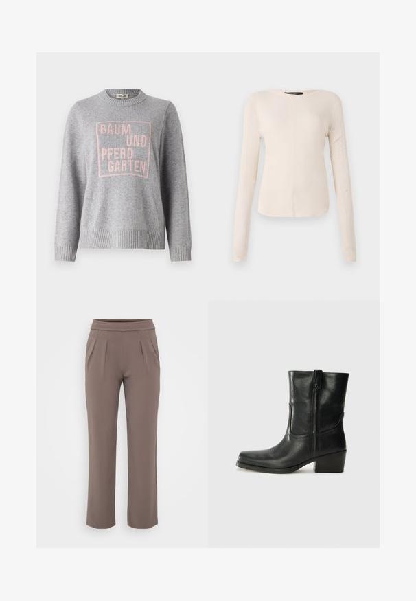 Gray sweater made of soft material with a ribbed neckline and cuffs. Features a pink text design reading "BAUM UND PFERDGARTEN" in a square.; Long-sleeve, light beige top with a round neckline. Made of soft fabric, features a central seam and slightly curved hem. No visible hardware.; Taupe loose-fit trousers with elastic waistband and front pleats, made from smooth fabric.; Black leather ankle boot with a rounded toe, block heel, side zipper, and stitching accents on the vamp. Smooth texture, classic design.