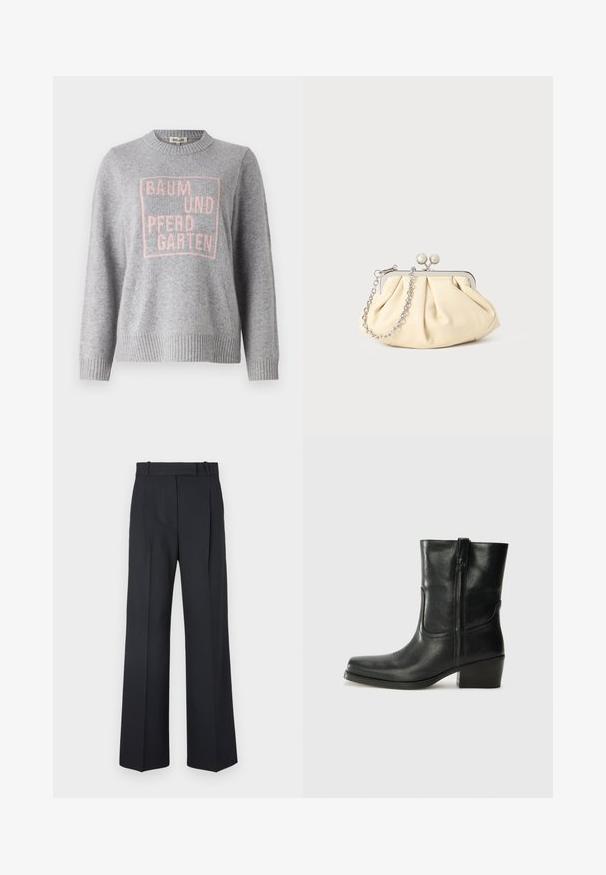 Sivi pulover od mekog materijala s rebrastim izrezom i rubovima. Ima ružičasti natpis "BAUM UND PFERDGARTEN" unutar kvadrata.; Tamno plave prugaste hlače visokog struka, širokih nogavica, bez vidljive opreme ili ukrasa. Glatka tekstura i kroj prilagođen tijelu.; Crne kožne čizme do članaka s okruglim vrhom, blok potpeticom, bočnim patentnim zatvaračem i detaljima od šavova na gornjem dijelu. Glatka tekstura, klasičan dizajn.; Nabrana bež kožna torbica s srebrnim metalnim okvirom, koja sadrži dva okrugla dekorativna kopčanja i srebrnu lančanu naramenicu.