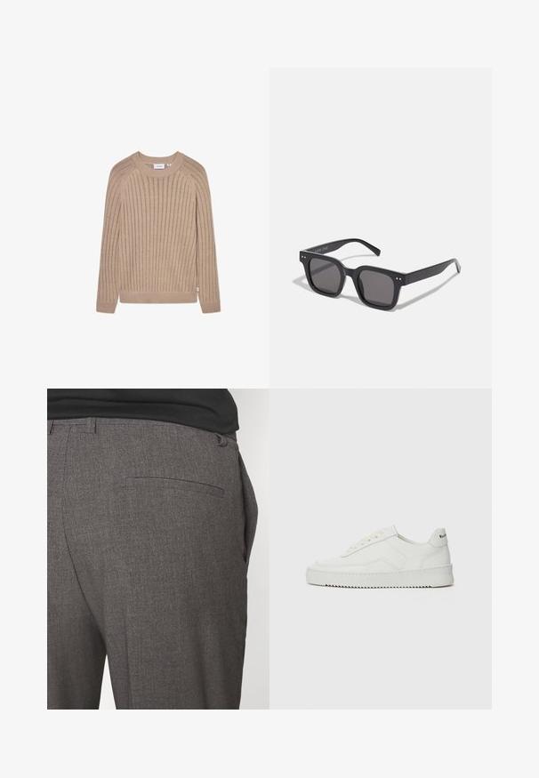 Pull en tricot côtelé beige avec des manches longues, un col rond et une discrète étiquette de logo sur le côté. Il présente un motif texturé et des poignets ajustés.; T-shirt en coton blanc à manches courtes, col rond et coupe décontractée. Doté d'une petite étiquette de marque sur le côté. Texture lisse.; Pantalons tailleur gris avec une texture douce, dotés d'une poche arrière unique et d'une coupe slim. Le tissu présente un motif subtil.; Baskets en cuir blanc avec une finition lisse, bout arrondi, lacets plats et semelle texturée. Présente un logo discret sur le talon.; Lunettes de soleil noires rectangulaires avec des verres foncés, arborant une monture épaisse, des accents subtils sur les côtés et aucun logo visible en dehors du nom de la marque.; Sac fourre-tout en toile beige clair avec double poignée, arborant le logo "SAMSOE" imprimé en blanc à l'avant. Forme rectangulaire avec un design simple.