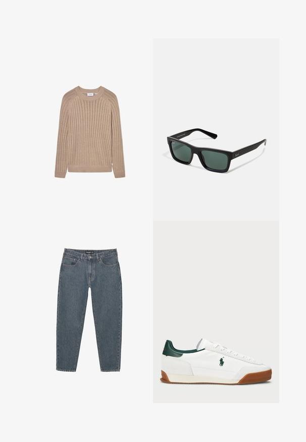 Pulover bej din tricot ribetat, cu mâneci lungi, guler rotund și etichetă logo subtilă pe lateral. Prezintă un model texturat și manșete ajustate.; Jeans din denim albastru închis cu o croială lejeră, design cu cinci buzunare, închidere cu buton și tiv ușor desfăcut. Material durabil cu o textură subtilă.; Tenisii albi cu accente din piele verde și o talpă din cauciuc bej. Au un corp din material textil și un logo proeminent pe latură. Design cu șireturi.; Ochelari de soare dreptunghiulari negri cu lentile verzi, având un finisaj mat, temple drepte și logo-ul Ray-Ban pe lateral.