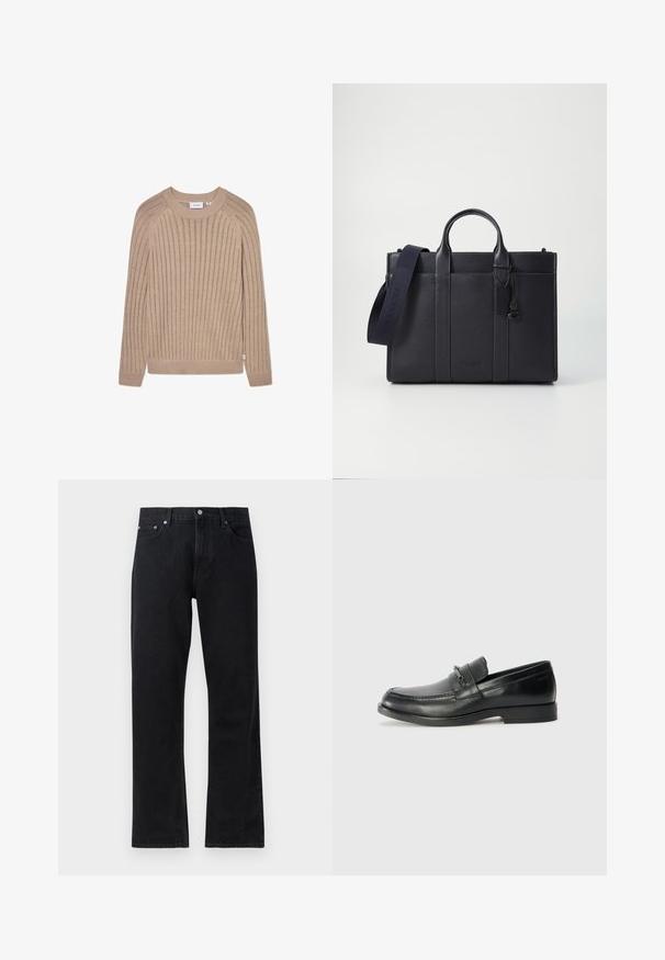 Bež pulover iz rebraste pletenine z dolgimi rokavi, okroglo ovratnikom in subtilno oznako na strani. Ima teksturiran vzorec in oprijete manšete.; Črni traper hlače s ravnim krojem, z gumbom za zapiranje, petimi žepi in subtilnimi šivi.; Črne usnjene loafers čevlje z zaobljenim nosom, ki imajo šivano zasnovo, majhen sprednji trak z kovinskim okrasjem in ravno gumijasto podplati.; Temno mornarsko usnjeno aktovko z dvema zgoraj ročaji in odstranljivim trakom. Ima teksturirano površino, navpične šive in podrobnost z logotipom.
