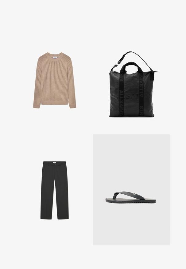 Beige gerippter Strickpullover mit langen Ärmeln, rundem Hals und dezentem seitlichem Logoschild. Verfügt über ein strukturiertes Muster und enganliegende Bündchen.; Schwarze Hose aus leichtem Stoff. Sie hat ein gerades Bein, eine flache Vorderseite, seitliche Taschen und einen dezenten Bund.; Schwarze Flip-Flops mit strukturierten Riemen, flacher Sohle und gezacktem Rand. Hergestellt aus Gummi mit glatter Oberfläche und minimalistischer Gestaltung.; Schwarze Leder-Tote-Bag mit strukturierten Oberflächen, zwei Tragegriffen und verstellbarem Schultergurt. Verfügt über geprägtes Branding und einen Reißverschluss.