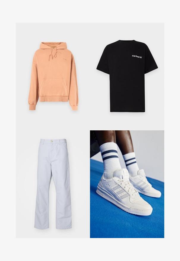 Hoodie de culoare piersică, cu un buzunar frontal, glugă cu șnur și manșete ribbate. Textură moale, design casual, are detalii subtile cu logo.; Tricou negru din bumbac cu mâneci scurte, decolteu rotund și logo-ul alb "Carhartt" pe pieptul stâng. Textură netedă, design minimalist.; Pantaloni drepți, de culoare albastru deschis, din bumbac. Au un buzunar frontal, fermoar și un singur nasture din metal la talie.; Adidași albaștri din piele cu accente perforate, trei dungi metalice și un panou lateral texturat. Purtați cu șosete albe cu dungi albastre.