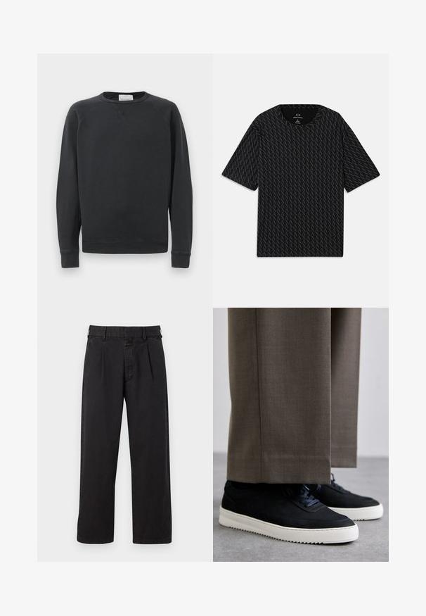 Felpa nera a maniche lunghe con collo girocollo, polsini e orlo a costine, dettaglio a V sottile sotto il colletto e etichetta del marchio all'interno del collo.; T-shirt nera con un motivo testurizzato di loghi 'A' alternati, maniche corte e scollo rotondo. Realizzata in tessuto leggero.; Pantaloni neri in cotone con taglio dritto, dotati di una parte anteriore plissettata, passanti per cintura e chiusura con bottone. Texture liscia senza motivi.; Sneakers in suede nera con suole in gomma bianca, dotati di punta tonda e lacci, indossati con pantaloni grigi su misura.