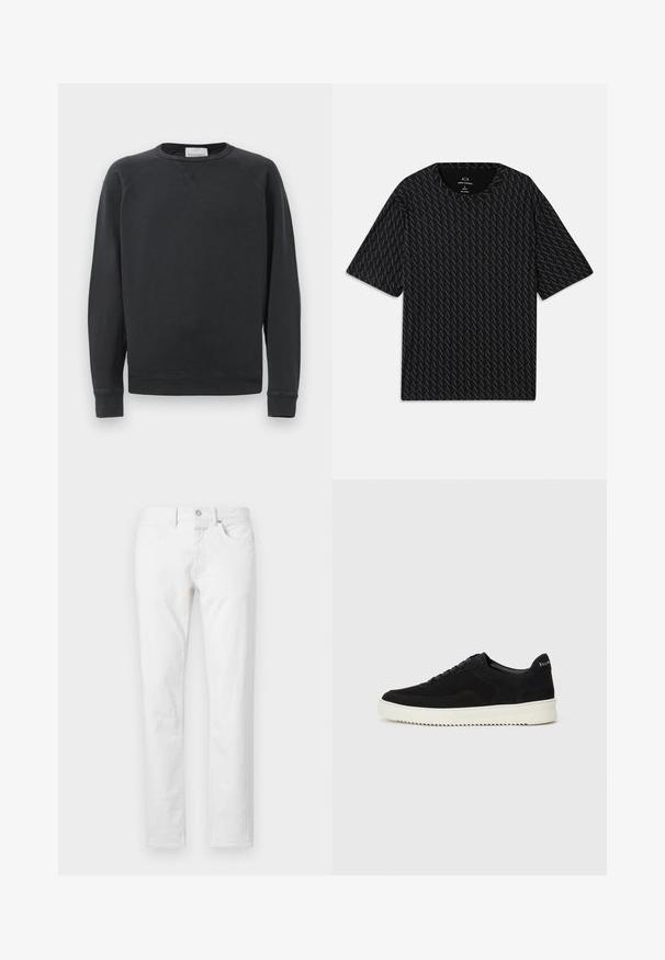 Black long-sleeve crewneck sweatshirt with ribbed cuffs and hem, subtle V-stitch detail below the collar, and brand label inside the neckline.; Black T-shirt featuring a textured pattern of alternating 'A' logos, short sleeves, and a crew neckline. Made from lightweight fabric.; White straight-leg jeans made of denim, featuring five pockets, a button closure, and a classic fit with minimal texture.; Black suede sneaker with lace-up design and contrasting white rubber sole. Features textured side panels and subtle branding on the heel.
