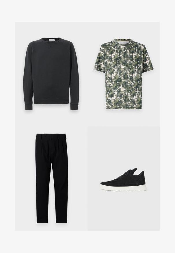 Černá mikina s dlouhým rukávem a kulatým výstřihem, s žebrovanými manžetami a lemem, jemným V-švem pod límcem a značkovou nálepkou uvnitř výstřihu.; Tričko s krátkým rukávem z měkké tkaniny s potiskem palmy. Dominantní barvy zahrnují zelenou a béžovou s uvolněným střihem a kulatým výstřihem.; Černé kalhoty s přizpůsobeným střihem, s plochým předním dílem, jedním záhybem a knoflíkovým zapínáním. Vyrobeny z hladkého materiálu, vhodné pro formální nošení.; Černé semišové tenisky s bílou gumovou podrážkou, s tónovým prošitím a šněrováním. Hladký povrch s moderním, aerodynamickým tvarem.