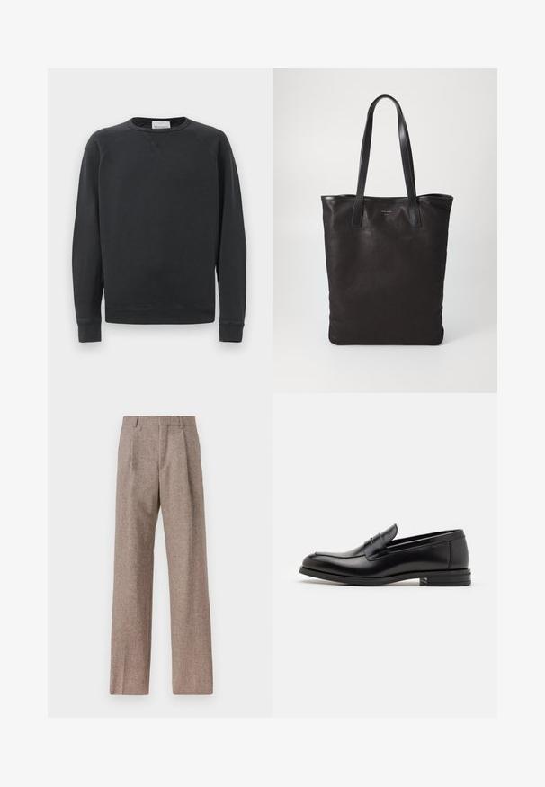 Černá mikina s dlouhým rukávem a kulatým výstřihem, s žebrovanými manžetami a lemem, jemným V-švem pod límcem a značkovou nálepkou uvnitř výstřihu.; Hnědé kalhoty s vysokým pasem vyrobené z texturované látky. Mají široké nohavice a dva přední sklady pro strukturu. Úhledné provedení bez viditelné kovových částí.; Černé kožené polobotky s hladkou texturou, zaoblenou špičkou a zdobným páskem přes nárt. Nízký stohovaný podpatek, minimalistický design.; Černá plátěná taška s černými koženými uchy. Jednoduchý design, prostorné tělo a hladký povrch. Žádné viditelné loga ani vzory.