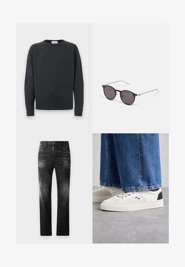 Felpa nera a maniche lunghe con collo girocollo, polsini e orlo a costine, dettaglio a V sottile sotto il colletto e etichetta del marchio all'interno del collo.; Jeans in denim nero con vestibilità dritta. Presentano aree sbiadite, leggeri segni di usura, classico design a cinque tasche e chiusura con bottone.; Sneaker bianche e nere con parte superiore in pelle liscia, dettagli testurizzati e suola bianca spessa. Presentano un classico design con lacci.; Occhiali da sole neri rotondi con lenti scure e sottili bracci in metallo. Include punte trasparenti e accenti argentati alla cerniera. Design minimalista.