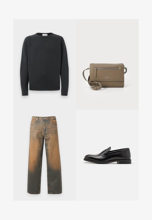 Felpa nera a maniche lunghe con collo girocollo, polsini e orlo a costine, dettaglio a V sottile sotto il colletto e etichetta del marchio all'interno del collo.; Jeans a gamba larga in denim blu e marrone scuro con effetto usurato. Presentano un alto punto vita, tasche frontali e una chiusura con bottone classico arricchita da dettagli metallici.; Mocassini neri in pelle con una texture liscia, punta arrotondata e una striscia decorativa sulla tomaia. Tacco basso impilato, design minimalista.; Borsa a tracolla in pelle taupe con tasca anteriore con cerniera, tracolla regolabile, texture a granuli e logo embossato sulla parte anteriore.