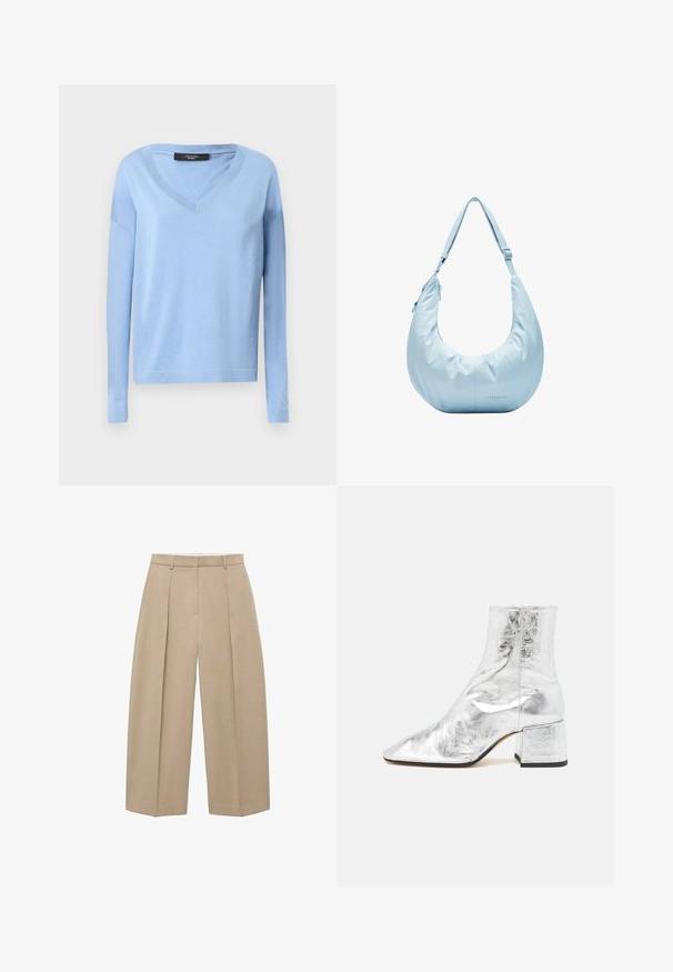 Jasnoniebieski sweter z długim rękawem i dekoltem w kształcie litery V. Wykonany z miękkiego materiału, z luźnym krojem oraz ściągaczami na mankietach i dołem.; Jedwabna koszula nocna w jasnoniebieskim kolorze z wzorem chmur, z kołnierzykiem z klapami, pięcioma guzikami i dwiema przednimi kieszeniami z jasnoróżowym wykończeniem.; Beżowe, szerokie spodnie wiszące pionowo, z przednimi zakładkami i płaskim paskiem w talii, ukazujące neutralny i elegancki styl.; Srebrne botki za kostkę z ostrym noskiem, błyszczące metaliczne wykończenie i blokowy obcas. Gładka tekstura z minimalnymi detalami szwów.; Jasnoniebieska, miękka torebka hobo w kształcie półksiężyca. Gładka tekstura, regulowany pasek i zamek błyskawiczny. Posiada nadruk logo z przodu.