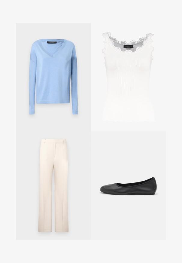 Heledane, pikkade varrukatega V-kaelusega sinine sviiter. Valmistatud pehmest kangast, omab vabalt istuvat lõiget ning ribakujulisi mansette ja allääri.; Valge sooniktop lace äärisega kaelusel ja varrukatel. Omab pehmet tekstuuri ja lähedast lõiget. Brändi silt on nähtav seestpoolt.; Kreemjad, sirge lõikega püksid, valmistatud kergest kangast. Omavad eesplekke ja klassikalist vööd.; Musthave mustika tantsutossud mustast nahast, ümmarguse varbaga, siledast tekstuurist, minimaalse õmblusdetailiga ja paindliku tallakujundusega.