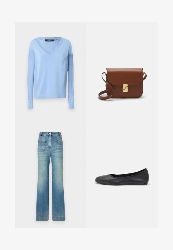 Pulover lung cu mânecă lungă, de culoare albastru deschis, cu decolteu în V. Fabricat dintr-un material moale, are un croi lejer și manșete și tiv cu nervuri.; Tricou alb cu mânecă scurtă, confectionat dintr-un material texturat. Gât rotund, tăietură regulară și detalii subtile de cusătură. Fără modele sau grafice.; Jeans din denim albastru deschis, cu talie evazată, cinci buzunare, bucle pentru curea, închidere cu nasture și o textură ușor decolorată, având un detaliu cu logo roșu pe spate.; Balerini din piele neagră, cu vârf rotund, textură netedă, detalii de cusătură minimale și un design al tălpii flexibil.; Geantă de piele maro cu închidere tip capac, accesorii de culoare aurie, curea de umăr și o textură netedă. Formă compactă și rectangulară.