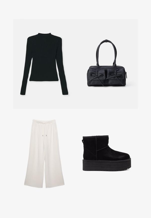 GAP GAP X CULT GAIA SHEER MCKNCK TOP - Pullover - black; Pantalons amples de couleur crème en tissu doux, dotés d'une taille élastique, d'un cordon de serrage et de poches latérales. Texture lisse.; Bottines en suede noir avec une semelle épaisse et un intérieur doux. Finition avec des accents de couture et une languette arrière pour les enfiler facilement.; Sac à main en tissu noir avec deux poches avant dotées de détails en nœud, deux poignées et fermeture éclair. Texture douce et forme rectangulaire.