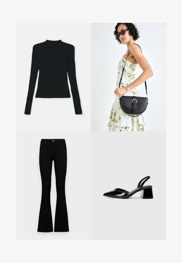 GAP GAP X CULT GAIA SHEER MCKNCK TOP - Džemperis - black; Juodos aukšto liemens džinsai su mygtuku ir užtrauktuku, priekinėmis kišenėmis ir platėjančiomis kojomis, išdėstyti ant baltos fono.; Juodos lakuotos odinės šlepetės su smailiu pirštu ir geometriniu bloko kulnu. Turi elegantišką, minimalistinį dizainą ir lygų paviršių.; Juodas odinis krepšys su išlenkta forma, nuimamu dirželiu ir auksiniais detalėmis. Krepšys turi kilpą su sagtimi.