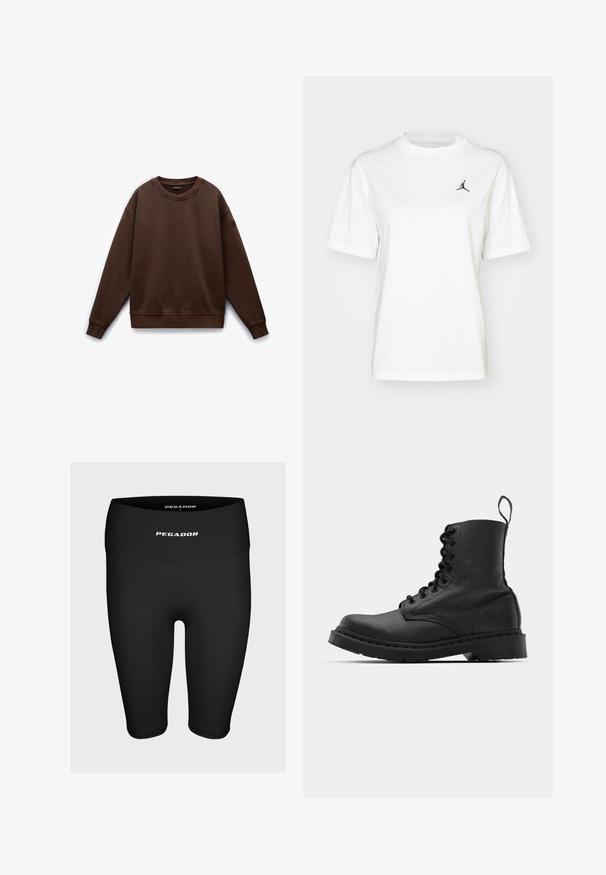 Brauner Rundhals-Pullover mit langen Ärmeln, aus weichem Material gefertigt. Verfügt über gerippte Bündchen und Saum sowie ein kleines Logo am Ärmel.; Weißes Baumwoll-T-Shirt mit kurzen Ärmeln, Rundhalsausschnitt und kleinem schwarzem Jordan-Logo im oberen linken Brustbereich.; Schwarze Sportshorts aus dehnbarem Material, mit einem hohen Bund und einem weißen Logo "PEGADOR" auf der Vorderseite.; Schwarzer Lederkampfstiefel mit runder Zehenpartie, Schnürung vorne und einer Zuglasche am Knöchel. Verfügt über eine dicke Gummisohle für Langlebigkeit.