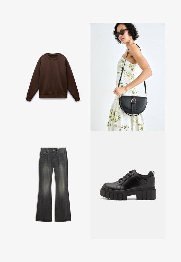 Brązowa bluza z okrągłym dekoltem i długimi rękawami, wykonana z miękkiego materiału. Posiada ściągacze na mankietach i u dołu oraz małe logo na rękawie.; Spodnie dżinsowe w kolorze ciemno-niebieskim o rozszerzających się nogawkach, z delikatnym przetarciem, pięcioma kieszeniami i kontrastowym przeszyciem, z klasycznym zapięciem na guzik i suwak.; Czarne skórzane buty na platformie z masywnym słupkowym obcasem, okrągłym noskiem i klasycznym sznurowaniem. Posiadają gładką teksturę i minimalne wykończenia.; Czarna skórzana torebka o zakrzywionym kształcie, z odpinanym paskiem i złotymi akcentami. Torebka posiada klapę z zapięciem w kształcie klamry.