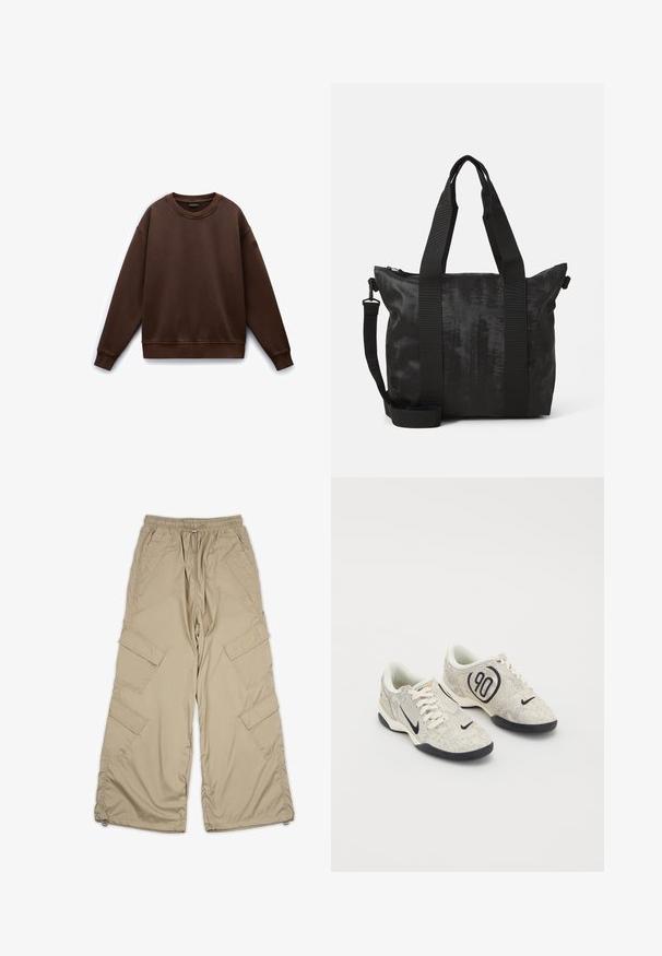 Felpa marrone a girocollo con maniche lunghe, realizzata in un materiale morbido. Presenta polsini e orlo a costine, e un piccolo logo sulla manica.; Pantaloni cargo beige con vita regolabile tramite cordino, multiple tasche laterali e vestibilità rilassata. Realizzati in un tessuto leggero e morbido con dettagli di cucitura.; Sneakers Nike con una parte superiore testurizzata beige e grigia, dettagli neri, un grande logo "90" e una chiusura con lacci bianchi. Suola nera.; Borsa tote nera con tessuto texturizzato, doppi manici superiori e tracolla rimovibile. Presenta una chiusura con zip per una conservazione sicura.