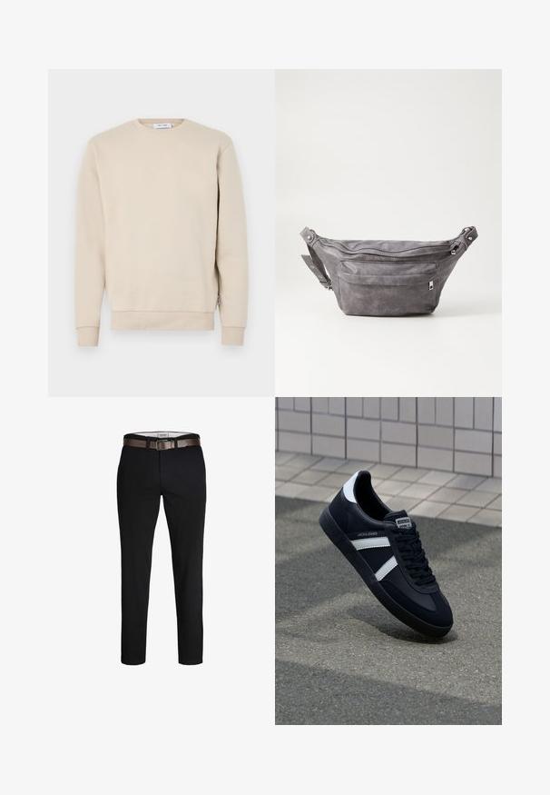 Beige cotton sweatshirt with a crew neckline, ribbed cuffs and hem, and a soft texture. No visible graphics or patterns.; Black cotton trousers with a straight fit, featuring a brown leather belt and a smooth texture. Simple design, no visible patterns or accents.; Black leather sneaker with white stripes, textured rubber sole, and lace-up front. Features a branded label on the tongue.; Gray suede fanny pack with a rounded shape, two zippered compartments, and adjustable strap. Features metal hardware accents.