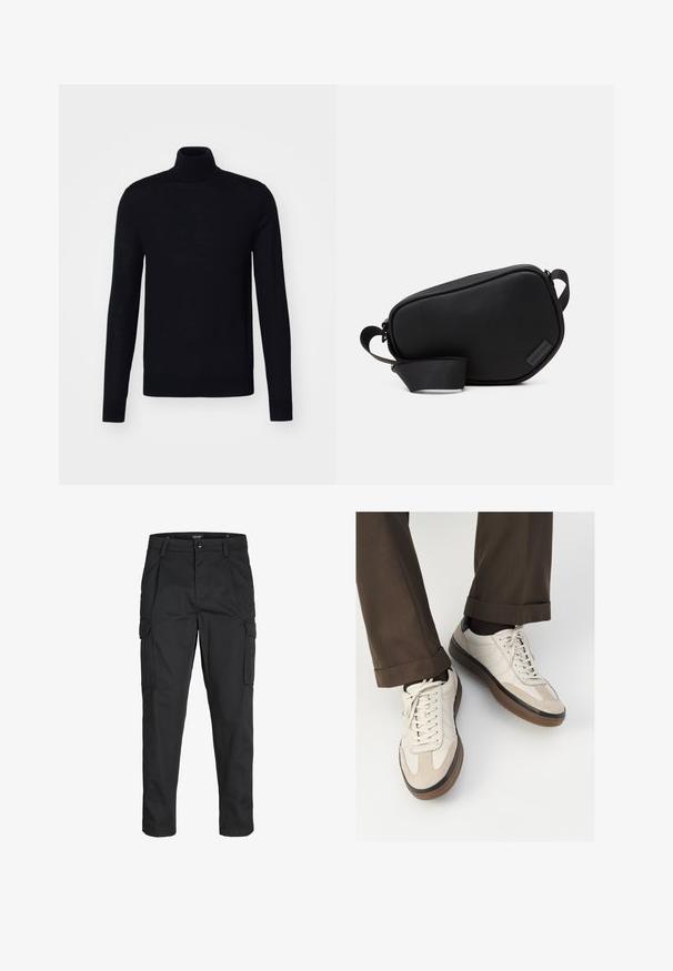 Pull torsadé noir, manches longues, design ajusté, texture tricotée, matériau doux, sans motifs ni accents visibles.; Pantalons cargo noirs en tissu résistant, dotés de plusieurs poches, d'une fermeture par bouton et d'une coupe slim avec des jambes fuselées.; Baskets beiges avec un devant en suède texturé, côtés en cuir lisse et semelle en caoutchouc brun. Lacets et détails de couture légère inclus.; Sac en bandoulière noir, zippé, en matériau lisse, avec une forme plate, une seule sangle et un petit logo en accent. Design minimaliste.