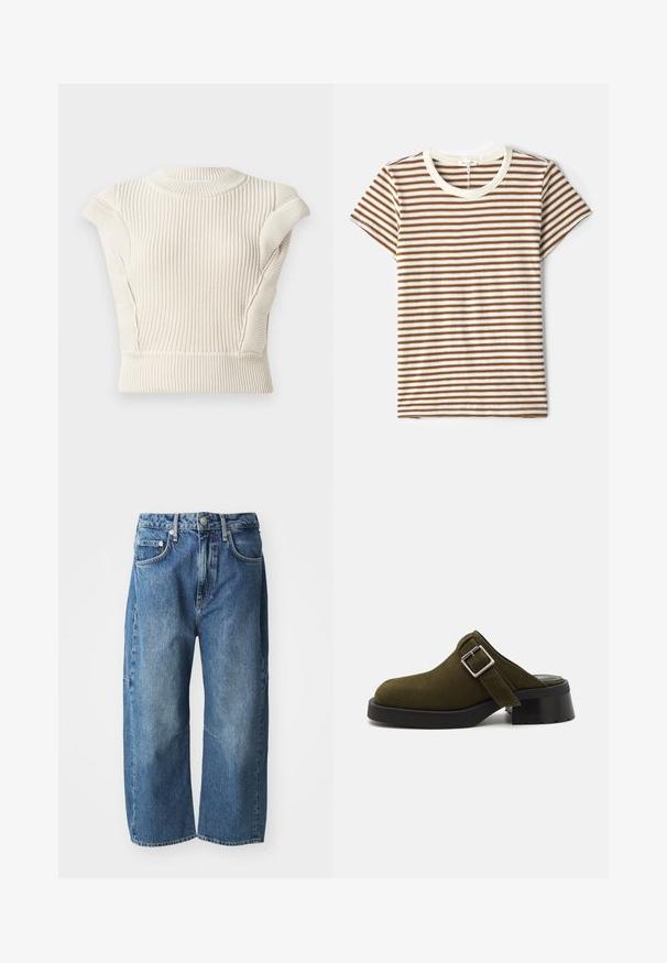 Crème ribgebreid top met korte mouwen en een ronde hals. Is gemaakt van textiel met een structuur en heeft een getailleerd ontwerp. Geen zichtbare sluitingen of patronen.; Gestreepte T-shirt met bruine en witte horizontale strepen, korte mouwen en een crèmekleurige ronde hals in een zachte, gestructureerde stof.; Blauwe denim jeans met een losse, wijde pasvorm, voorzien van voorzakken, een knoop- en ritssluiting, en een subtiele vervaging bij de knieën.; Olijfgroene suède muiltjes met een lage, dikke zwarte hak. Beschikt over een zijband met een zilveren gesp voor aanpassing. Over het algemeen een gladde textuur.