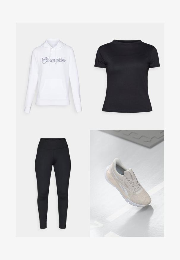 Hanorac alb din material moale, cu o buzunar frontal și glugă cu șnur. Logo-ul "Champion" scris de mână pe piept.; Tricou negru cu mânecă scurtă fabricat dintr-o combinație de bumbac, având guler rotund și o textură netedă, fără logo-uri sau modele vizibile.; Leggings negre dintr-un material elastic, având talie înaltă, textură netedă și cusături curate fără modele sau accesorii vizibile.; Adidașuri bej deschis, cu un superior perforat, accente texturate, guler căptușit și talpă din cauciuc alb, concepute pentru confort și respirabilitate.