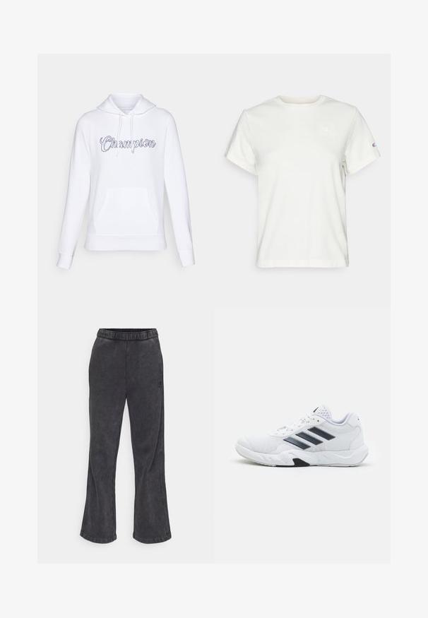 Balts kapucis džemperis, kas izgatavots no mīksta auduma, ar priekšējo kabatu un regulējamu kapuci. Uz krūtīm ir "Champion" logs, rakstīts kursīvos burtos.; Balta īsām piedurknēm kokvilnas T-kreklā ar apaļu kakla izgriezumu un mazu logotipu augšējā kreisajā krūtīs. Mīksta tekstūra un standarta izmērs.; Melnos pelēkās flared treniņbikses ar mīkstu tekstūru. Ievērojama elastīga jostām un izšūts logo sānos.; Baltā sporta apavi ar sietu augšdaļu, trīs melnām svītrām sānos, teksturētām akcentiem un izturīgu gumijas zoli ar kontrastējošu melnu daļu.