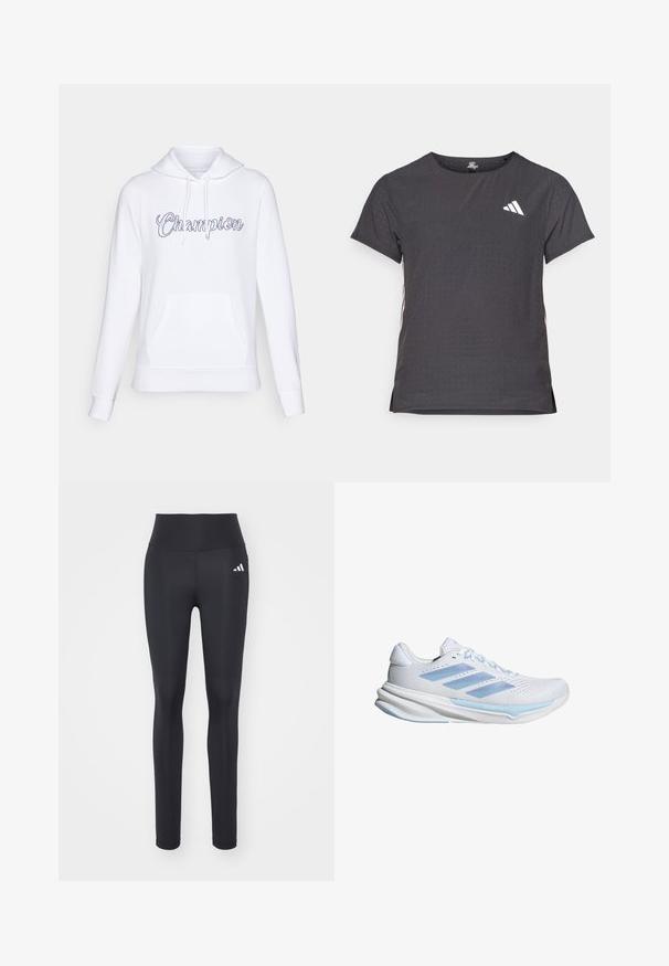 Biała bluza z kapturem wykonana z miękkiego materiału, z przednią kieszenią i regulowanym kapturem. Logo "Champion" w kursywie na klatce piersiowej.; Koszulka sportowa z krótkim rękawem, ciemnoszara z perforowaną teksturą. Posiada białe logo oraz kontrastowe paski po bokach. Okrągły dekolt.; Czarne legginsy sportowe z elastycznego materiału, z wysokim stanem i białym logo marki na lewym biodrze.; Białe buty do biegania z jasnoniebieskimi akcentami, przewiewna górna część z siateczki, trzy paski w designie, wyściełana podeszwa oraz teksturowana podeszwa zapewniająca przyczepność.