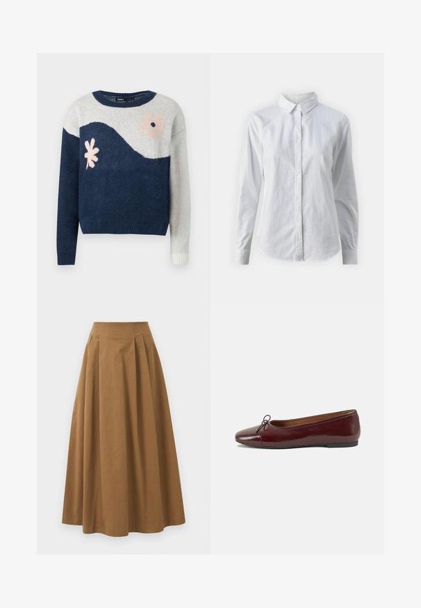 Kreklu adītas svītras tumši zilā un gaiši pelēkā krāsā ar viļņu rakstu, ziedu dizains rozā un melnā krāsā, apaļš kakls, ribināti piedurkņu un apakšmala.; Balta pogājamā krekla augšdaļa, izgatavota no gluda kokvilnas, ar klasisku apkakli, garām piedurknēm un izliekto apakšmalu. Pogas ir mazas un baltas.; Brūna kokvilnas A formas svārki ar augstu jostasvietu, kurai priekšā ir krokas un gluda tekstūra. Apakšmala ir tīra un vienkārša.; Burgundijas laku ādas baleta kurpes ar noapaļotu purngalu, nelielu loku akcentu priekšā un zemu melnu gumijas zoli. Gluda tekstūra.