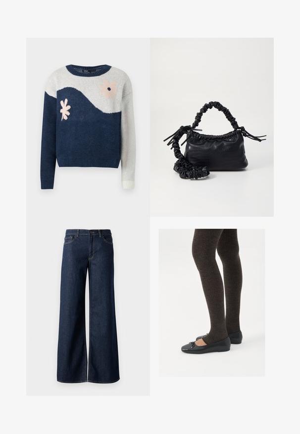 Tengerészeti és világosszürke kötött pulóver hullámmintával, rózsaszín és fekete virágos mintával, kerek nyakkal, bordázott mandzsettákkal és aljjal.; Sötét kék farmer széles lábú nadrág. Kontrasztos varrással, öt zsebhálóval és gombos derékzárással rendelkezik. Simás textúra.; Fekete lapos cipők kis masni díszítéssel az orrán, sötétbarna bordázott harisnyával párosítva. A cipők sima textúrával és alacsony profilúak.; Fekete műbőr kézi táska krokodil bőr textúrával, összehúzható tetejű és gyűrt pánttal. Lágy és kompakt dizájnúnak tűnik.
