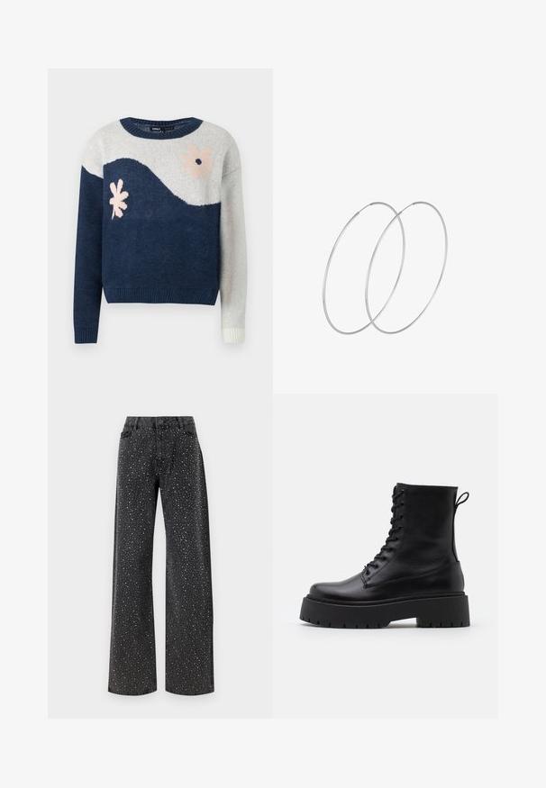 Kreklu adītas svītras tumši zilā un gaiši pelēkā krāsā ar viļņu rakstu, ziedu dizains rozā un melnā krāsā, apaļš kakls, ribināti piedurkņu un apakšmala.; Noisy May NMJANNEL LOOSE - Brīva piegriezuma džinsi - black denim; Melni ādas potītēm zābaki ar apļveida purngalu, auklām priekšpusē un biezu gumijas zoli ar teksturētu protektoru. Velkšanas cilpa aizmugurē.; Sudraba gredzenveida auskari ar minimālistisku dizainu. Cirkulāra forma, gluda tekstūra un plāns profils. Vieglu svaru ar spīdīgu apdari.