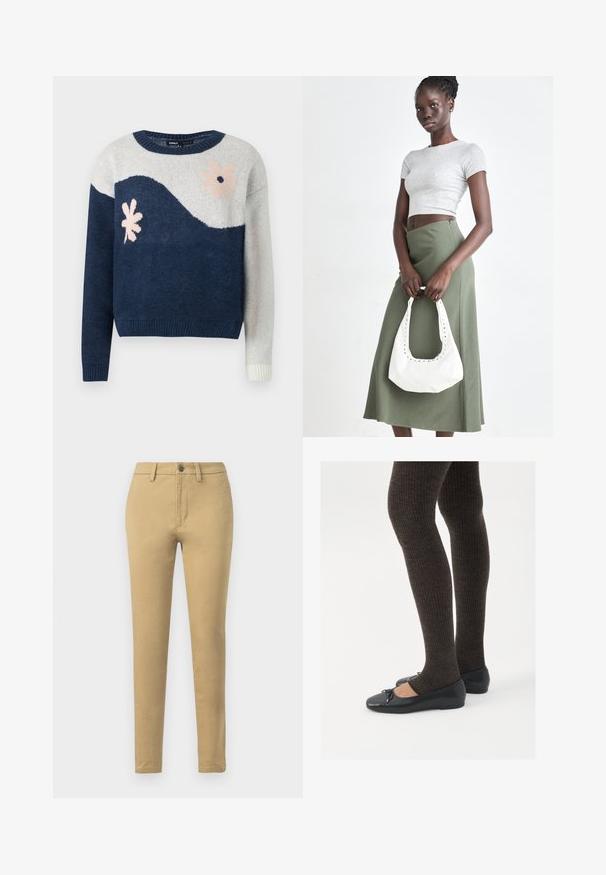 Marineblauer und hellgrauer gestrickter Pullover mit Wellenmuster, floralem Design in Pink und Schwarz, Rundhalsausschnitt, gerippte Bündchen und Saum.; Khaki-Chinos aus einem Baumwoll-Mischgewebe, mit schlankem Schnitt, Gürtelschlaufen, Fronttaschen und einem einzelnen Knopfverschluss.; Schwarze flache Schuhe mit einem kleinen Schleifendetail an der Zehe, kombiniert mit dunkelbraunen gerippten Strumpfhosen. Die Schuhe haben eine glatte Textur und ein niedriges Profil.; Grauer gerippter Croptop und olivgrüner Rock mit hoher Taille. Das Modell hält eine weiße Schultertasche mit Ausschnittdetails. Schlichte Gestaltung, taillierte Silhouette.
