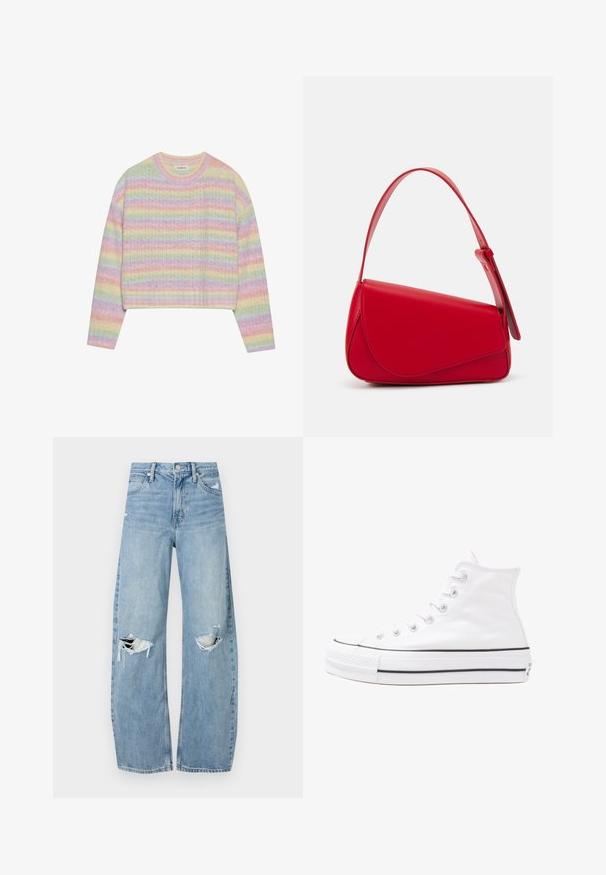 Pastel striped knit sweater with a crew neck, long sleeves, and a cropped hem. Fabric features a slightly textured finish.; Light blue, high-waisted jeans made of denim. Feature wide legs, two torn knee areas, and classic five-pocket styling.; White high-top canvas sneaker with black rubber sole, front rubber toe cap, and six eyelets for laces, featuring a clean, minimalist design.; Red leather handbag with an angular, geometric design. Features a single adjustable strap and a flap closure with stitched detailing.