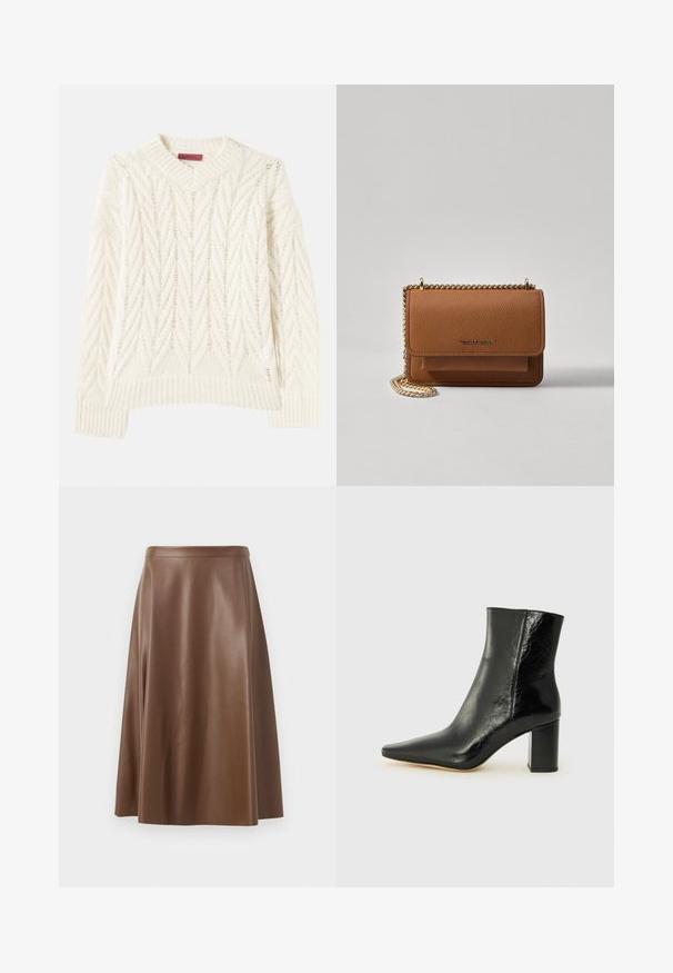 Krämfärgad stickad tröja med ribbat rundhalsat halsband, med ett strukturerat chevronmönster och flerledade linjer, långa ärmar och en rak fåll.; Brun läder A-linje kjol med en slät struktur och medellång fåll. Har en åtsittande midja och en lätt utsvängning från höfterna.; Svarta ankelboots i glänsande läder med spetsig tå och kraftig, fyrkantig klack. Har en slät yta och en minimalistisk design.; Brun texturerad läder crossbody-väska med guldkedja och klaffstängning. Framsidan har logotypdetalj och en ficka under klaffen.