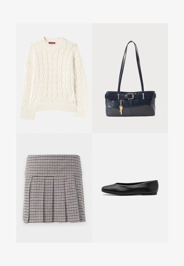 Cremefarbener Strickpullover mit geripptem Rundhalsausschnitt, der ein strukturiertes Zickzackmuster und multidirektionale Linien aufweist, lange Ärmel und einen geraden Saum.; Faltenrock in einem braun-beige-blauen Karomuster. Hergestellt aus einem strukturierten Stoff mit einer engen Taille und dekorativen Falten.; Paul Smith TOPANGA - Klassischer Ballerina - black; Marineblaue Lederhandtasche mit zwei langen Griffen, einer Schnallen-Detailierung und einem daran befestigten Schlüsselanhänger. Besitzt eine glatte Textur und eine rechteckige Form.