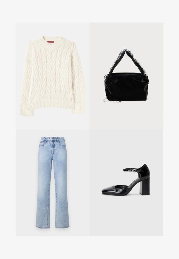 Kreminė megzta palaidinė su šonkauliu apvaliu kaklu, turinti tekstūruotą zigzagų raštą ir multidirekcines linijas, ilgas rankoves ir tiesų apatinį kraštą.; Šviesiai mėlynos aukšto juosmens džinsai su tiesia koja, turintys išblukusios džinsinės tekstūros, raudonų siūlų akcentų ir klasikinį penkių kišenių dizainą.; Juodos lakuotos aukštakulnės bateliai su kvadratine nosimi, kulkšnies dirželiu ir masyviu kulnu. Apima perforuotus detalizavimus aplink kraštą.; Juodas dirbtinės odos rankinė su tekstūruotu paviršiumi, su sidabriniu karoliukų akcentu viršutinėje rankenoje ir grandinine juosta.
