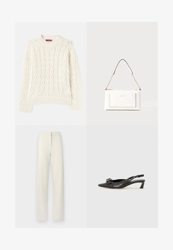 Krémový pletený sveter s rebrovaným okrúhlym výstrihom, so štruktúrovaným vzorom v tvare chevron a viacsmerovými líniami, dlhými rukávmi a rovný strih.; Krémové široké nohavice vyrobené z jemného materiálu, s rovnými prednými časťami, bočnými vreckami a prešitými detailmi pozdĺž švov.; Čierne kožené sandále s úzkym prstom, malým opätkom a dekoratívnou sponou na vrchnej časti. Hladká textúra, minimalistický dizajn.; Biele kožené kabelka s textúrovaným povrchom, ktorá má zlatý retiazkový popruh a čierne akcenty. Obsahuje prednú kapsu a zipsové zapínanie.