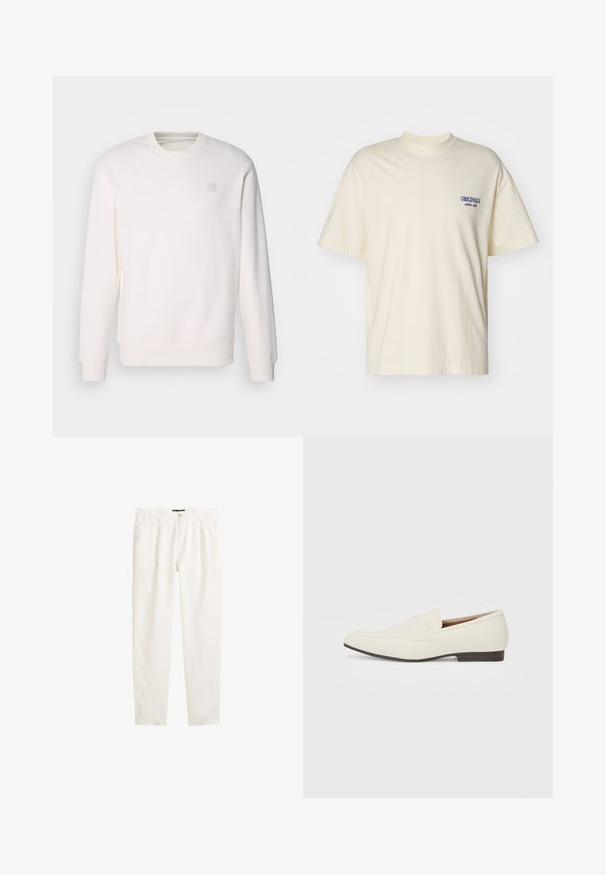 Biela mikina vyrobená z jemného materiálu, s okrúhlym výstrihom, dlhými rukávmi, pružnými manžetami a malým štvorcovým logom na hrudi.; Krátky rukáv krémového trička vyrobeného z bavlny. Na ľavej hrudi sa nachádza malé modré logo "ORIGINALS". Klasičný strih a dizajn okrúhleho výstrihu.; Biele ľanové nohavice s uvoľneným strihom, s pútkom na stiahnutie, bočnými vreckami a hladkou, ľahkou textúrou.; Svetlé béžové mokasíny s špicatou špičkou, hladkým materiálom, pásikom cez vamp a nízkou hnedou podrážkou. Jednoduchý dizajn s minimálnymi akcentmi.
