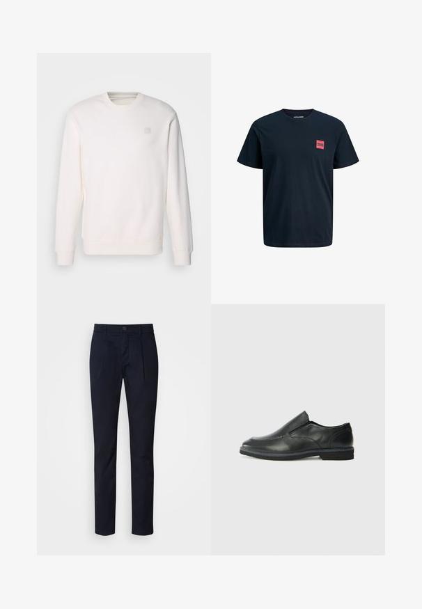 Felpa bianca realizzata in morbido tessuto, con un collo rotondo, maniche lunghe, polsini a costine e un piccolo logo quadrato sul petto.; T-shirt in cotone blu navy con maniche corte, scollatura rotonda e un logo quadrato rosa sul lato sinistro del petto. Texture liscia, vestibilità regolare.; Pantaloni slim fit blu navy con pieghe frontali, chiusura con bottone e zip, passanti per cintura e gambe diritto.; Scarpa nera in pelle con inserto scivolare, superiore liscio, dettagli cuciti, punta arrotondata e tacco in gomma basso. La suola presenta un battistrada minimale.