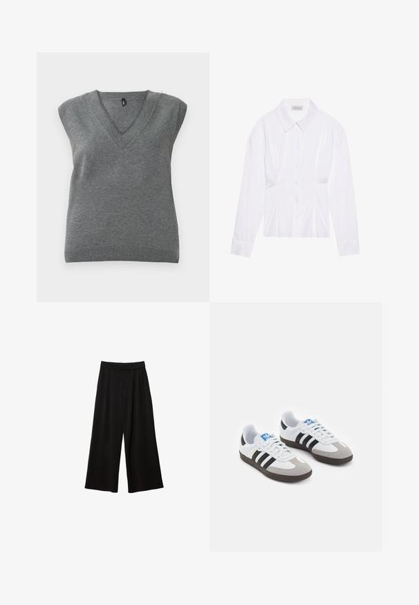 Gilet sans manches en tricot gris avec col en V et bords côtelés, présenté à plat sur un fond clair.; Blouse blanche à manches longues avec un col classique, fermeture à boutons sur le devant et détail froncé sur le côté. Tissu lisse avec une coupe ajustée.; Polo à manches longues rayé vert et crème avec un col classique, doté d'une petite patte de boutonnage à l'avant et de fentes sur les côtés de l'ourlet.; Pantalon large noir à taille haute, doté de plis, d'une texture lisse et sans poches ni ornementations visibles.; Baskets avec une tige en cuir blanc, un bout en daim gris et trois bandes noires. Présente un logo bleu sur la languette et une semelle en caoutchouc texturée.