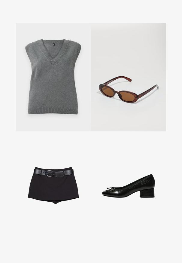 Bezrukávová šedá pletená sveterová vesta s výstrihom do V a rebrovanými okrajmi, vystavená na svetlom pozadí.; Čierne šortky s hladkou textúrou, vybavené širokým čiernym opaskom a striebornou sponou, strihané v priliehavom dizajne s mierne zvýšeným pásom.; Čierne lakované kožené lodičky s guľatou špičkou, malým blokovým podpätkom a mašľou na prednej strane. Hladká textúra s lesklým povrchom.; Okrúhle slnečné okuliare s hnedým nádychom a lesklým burgundským rámom. Úzke ramená s jemným brandovaním. Plochej šošovky dizajn.