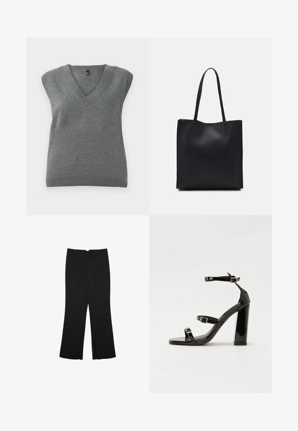 Bezrukávová šedá pletená sveterová vesta s výstrihom do V a rebrovanými okrajmi, vystavená na svetlom pozadí.; Čierne nohavice so strihom rovného strihu, s prednými vreckami a bočnými rozparkami na leme. Vyrobené z mäkkej, hladkej tkaniny. Vhodné na rôzne príležitosti.; Čierne lakované sandále na podpätku so štvorcovou špičkou, navlečenými remienkami okolo členku a striebornými prackami. Disponujú masívnym blokovým podpätkom pre stabilitu.; Čierna kožená taška na rameno s hladkým povrchom, obdĺžnikovým tvarom a dvoma dlhými uchami. Bez viditeľného kovania alebo ozdôb.