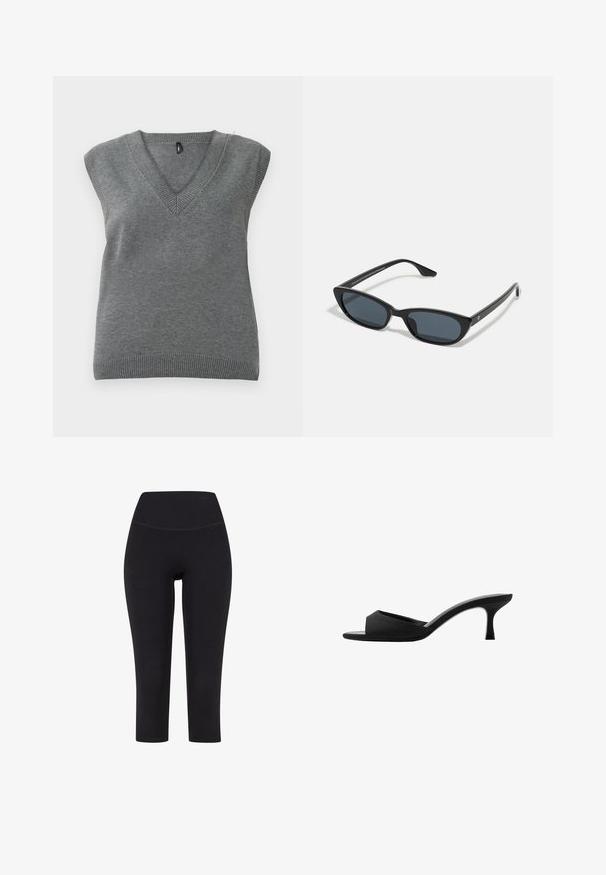 Siva pletena bezrukavna majica s V-izrezom i rebrastim rubovima, prikazana ravno na svijetloj pozadini.; Crne legging hlače do tri četvrtine dužine, izrađene od rastezljivog materijala, s visokim strukom i bez vidljivih uzoraka ili metalnih dijelova.; crne potpetice s otvorenim prstima i zakrivljenim gornjim dijelom. Izrađene su od teksturirane tkanine, s elegantnom potpeticom i glatkom đonom.; Crne mačkaste sunčane naočale s tamnim staklima, plastičnim okvirom, uskim stablima i suptilnim oznakama na unutarnjoj strani. Mat tekstura završne obrade.