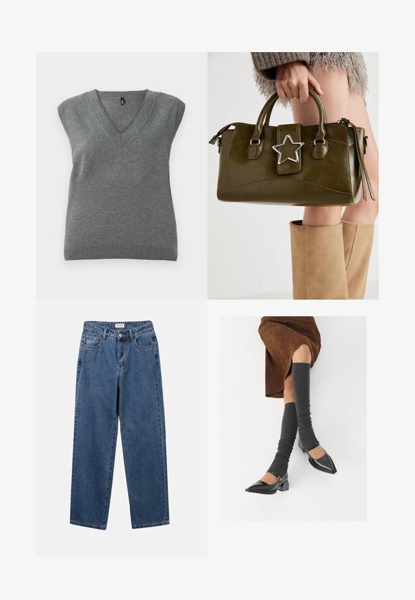 Siva brezrokavni pletenini pulover z V-izrezom in rebrastimi robovi, prikazanega položno na svetli podlagi.; Klasične modre jeans hlače s ravnim krojem, petimi žepi in gumbom za zapiranje. Imajo srednje pranje in trdno teksturo.; Črne lakirane čevlje s pointy prsti in blok peto ter z naramnicami za gleženj, ki jih kombiniramo s sivimi rebrastimi nogavicami in rjavim suknjičem iz usnja.; Olivnozeleno usnjeno ročno torbico z srebrno zvezdo, dvema ročajema in zadrgo. Teksturna površina in strukturirana oblika.